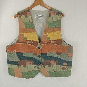 VTG Starfire Tapestry Western Boho Southwestern Style Button Vest LG Women's